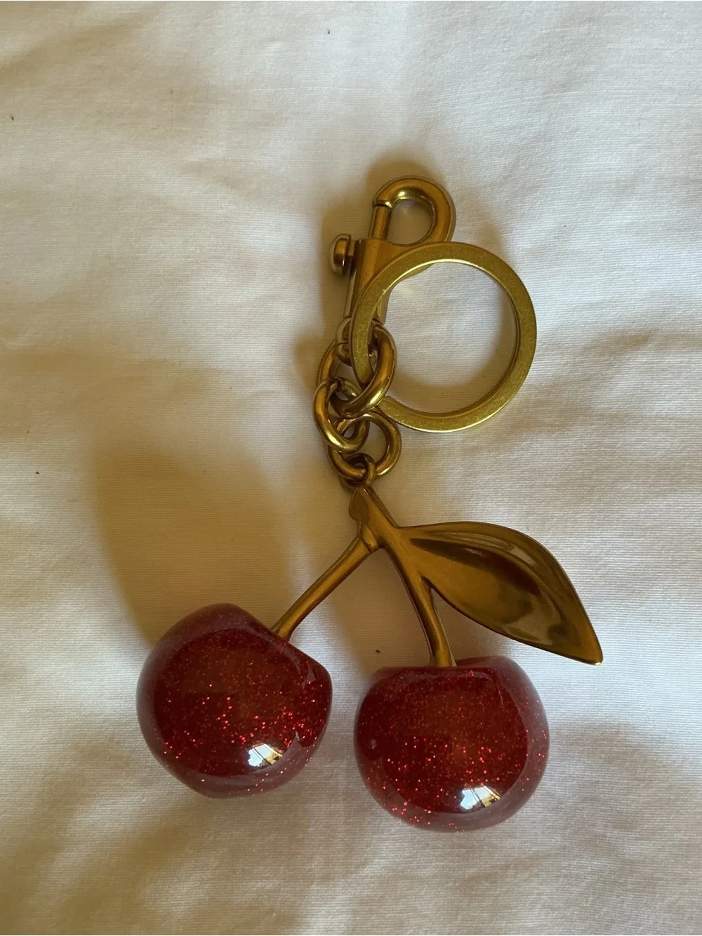 Gold Cherry Keychain with Red Glitter Charms